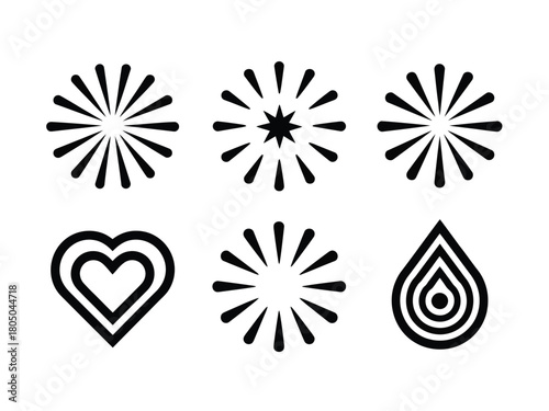 A collection of simple, abstract graphic design elements including sunbursts, a heart, and a water droplet.