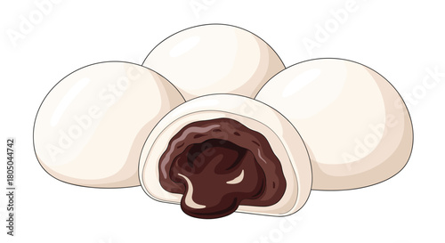 Delicious set of four steamed red bean buns, with one cut open to reveal the sweet red bean paste filling, for Asian dessert.