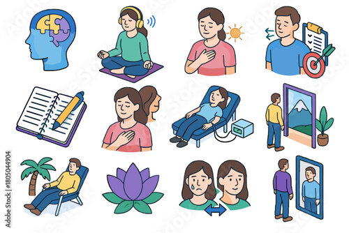 Vector meditation exercises affirmation digital setting goal therapy icon relaxation regulation