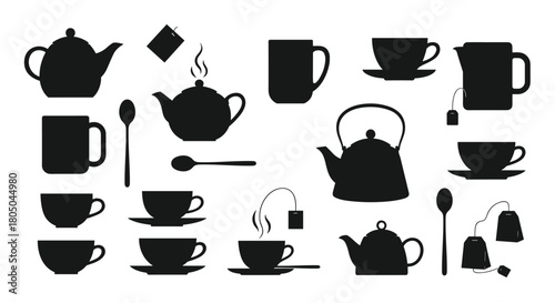 Collection of black silhouette tea accessories including teapots cups mugs spoons and tea bags on a white background.