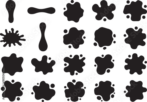 Vector abstract blob shapes set. Irregular organic element kit. Amoeba splotches. Liquid uneven spots. Asymmetric fluid splodge forms. Amorphous blob black silhouettes collection on white background