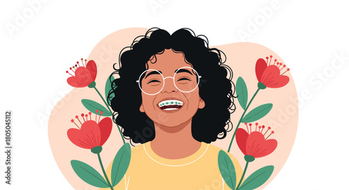 Portrait of a cheerful young girl with curly hair wearing glasses and braces happily smiling amidst vibrant red flowers.