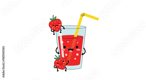 Adorable cartoon glass of strawberry juice with a yellow straw and two cute happy strawberry characters.