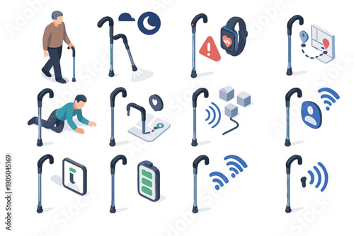 Identification emergency navigation assistance smart indoor connection vector fall icon cane status