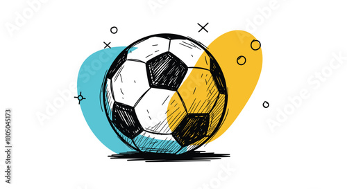 Hand-drawn sketch illustration of a classic soccer ball with vibrant abstract blue and yellow background shapes.