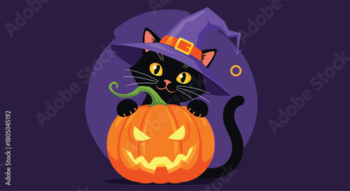 Spooky black cat wearing a witch hat peeking behind a grinning Halloween pumpkin on a dark purple background.