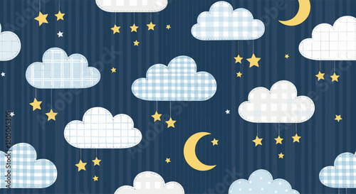 Seamless pattern of sweet dreams with soft clouds moons and stars on a dark blue striped background for children.
