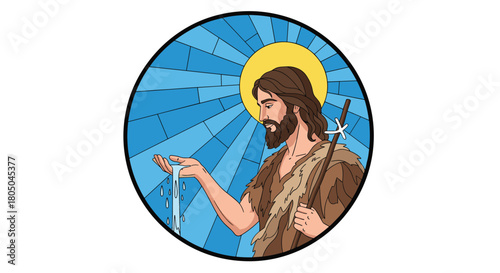 Stained glass depiction of John the Baptist pouring water holding a staff with a halo in a round frame.