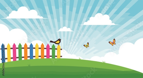 Bright cheerful spring landscape with a colorful picket fence a bird and butterflies under a sunburst sky.