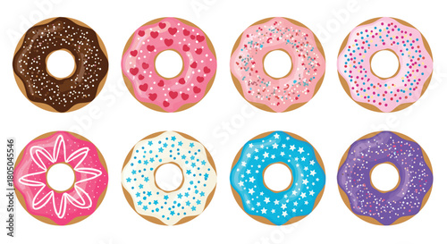 Collection of eight deliciously frosted and decorated donuts with colorful sprinkles and toppings on a clean white background.