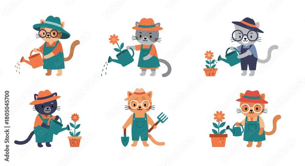 Fototapeta premium Adorable collection of six cartoon cats dressed as gardeners, happily watering plants and tending to flowers with gardening tools.