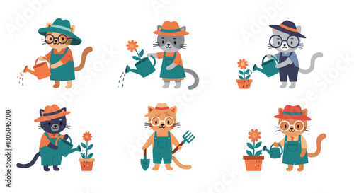 Adorable collection of six cartoon cats dressed as gardeners, happily watering plants and tending to flowers with gardening tools.