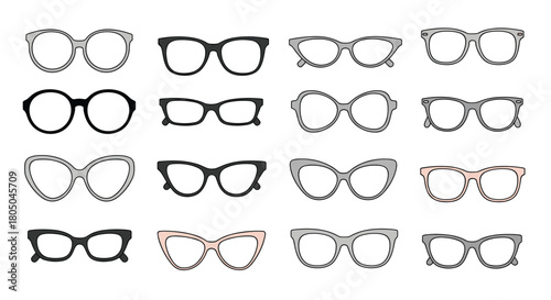 Extensive collection of sixteen various eyeglasses frames in different shapes and colors, perfect for vision correction and fashion.