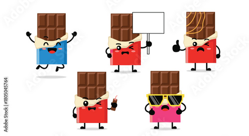 Engaging set of five cartoon chocolate bar characters expressing various emotions and actions, with colorful wrappers and accessories.