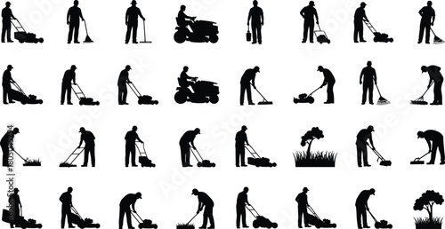 Silhouettes of workers mowing lawn, raking leaves, using push and riding lawn mowers, landscaping, gardening, outdoor yard maintenance illustration