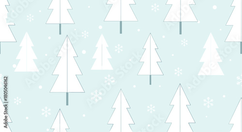 Seamless pattern of minimalist white fir trees and delicate snowflakes on a soothing light blue background, evoking winter scenery.