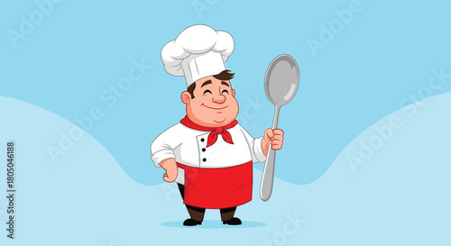 Cheerful cartoon chef wearing a traditional white hat and red apron, proudly holding a large spoon with a big smile.