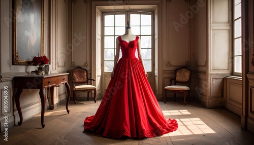 Person in red ruffled ball gown standing in ornate hallway with chandeliers and classical architecture