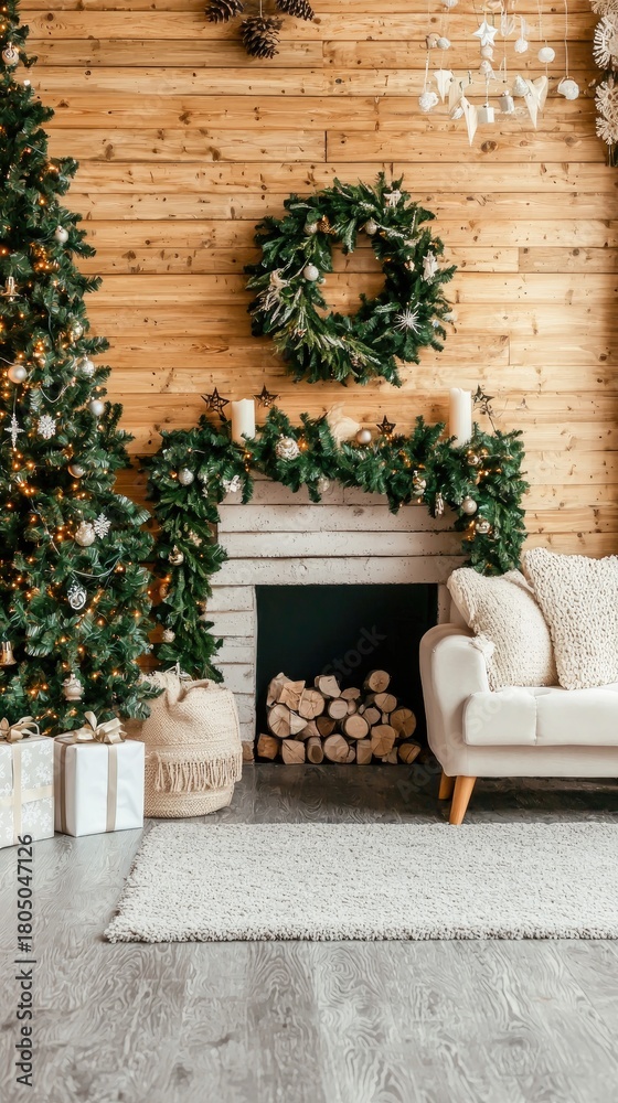 Obraz premium A spacious living area features a warm fireplace, a festive Christmas tree, and large windows showcasing a winter landscape outside