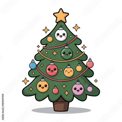 A decorated Christmas tree with cute kawaii ornaments smiles brightly with a star on top.