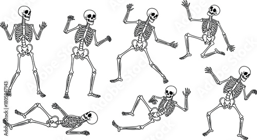 Dancing skeleton vector set, funny Halloween characters, human bone outlines, spooky party poses collection, isolated line art.