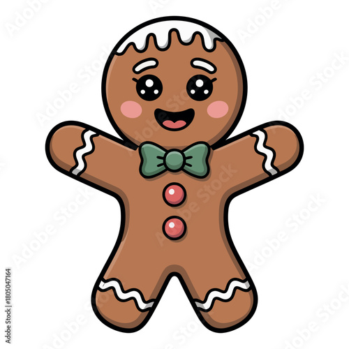 A cute, happy gingerbread man cookie with frosting and a bow tie smiles.