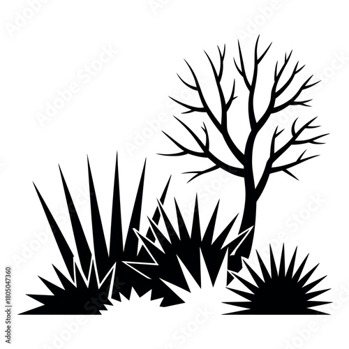 A stark silhouette depicts a barren tree and spiky bushes against a white background.