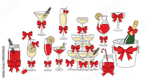 Festive Holiday Cocktails with Red Bows: Martini, Champagne, and More for Christmas and New Year's Celebrations on White Background