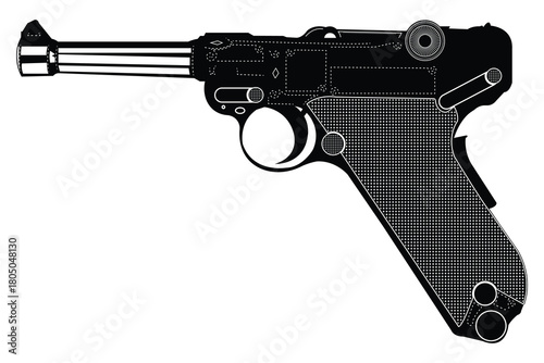 Luger p08 pistol silhouette vector, Classic handgun outline illustration, Luger style firearm graphic design, Black and white pistol vector artwork.eps