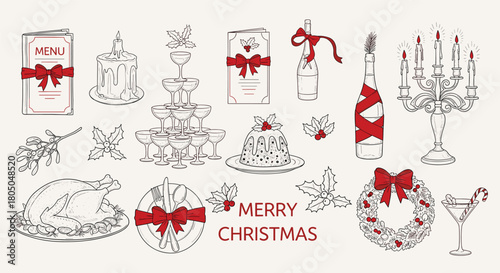 Elegant Christmas Celebration: Festive Dinner, Champagne Tower, and Holiday Decorations Line Art Style for Christmas Design