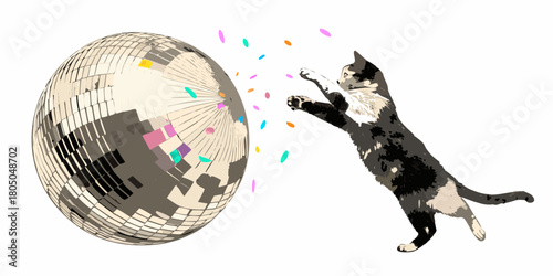 Playful cat reaching for a sparkling disco ball with colorful confetti falling around it