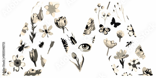 Whimsical collection of botanical elements and insects in a neutral color palette