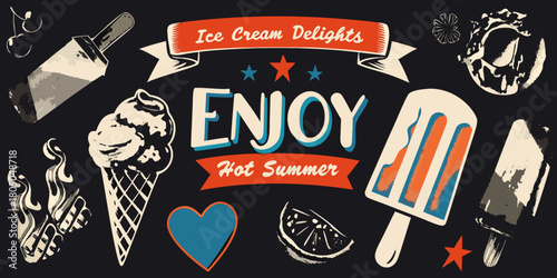Enjoy ice cream delights hot summer retro style illustration with popsicles cones and cherries