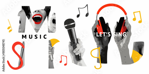 Creative illustration of music and singing with microphones and headphones and musical notes
