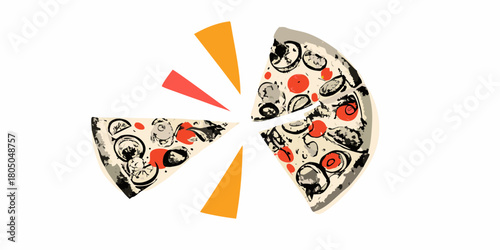 Abstract illustration of pizza slices arranged in a dynamic composition with colorful radiating lines