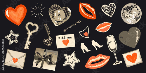 Collection of romantic and celebratory elements including hearts lips keys stars gifts and champagne on a dark background
