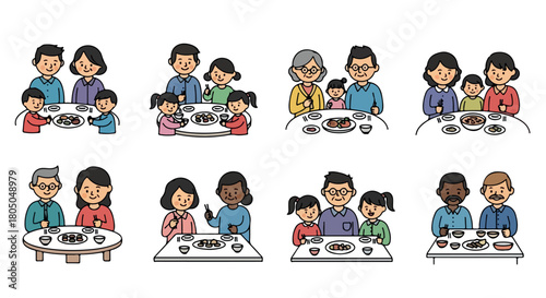 Families eating dinner together in various settings