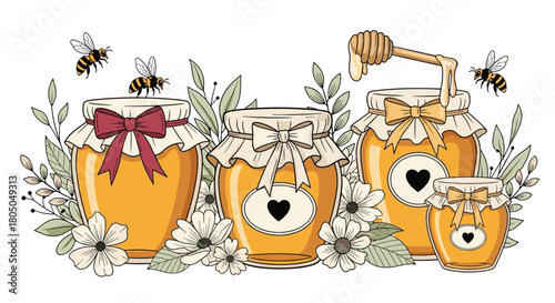 Sweet nectar from busy bees in decorative jars surrounded by foliage.