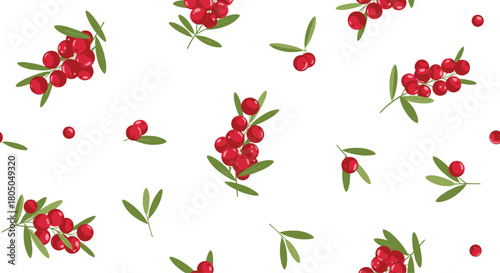 A pattern of vibrant red berries with green leaves scattered across a white background.