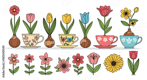 Charming floral illustrations featuring tulips and other garden blooms in decorative teacups and vases.