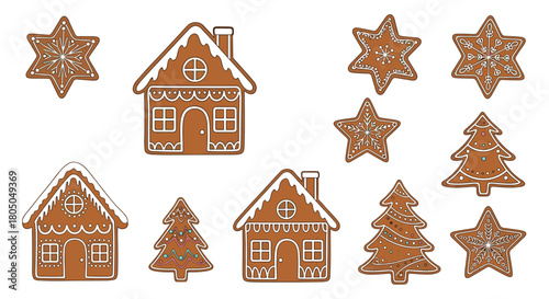 Collection of festive gingerbread cookies shaped as stars houses and christmas trees.