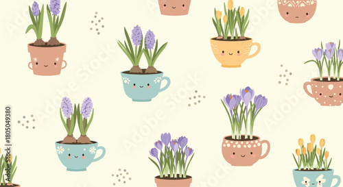 Charming potted spring flowers with cute faces adorning a soft yellow background.