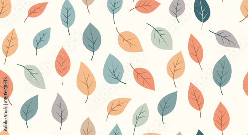 A charming pattern of scattered fall leaves in various warm and cool hues.