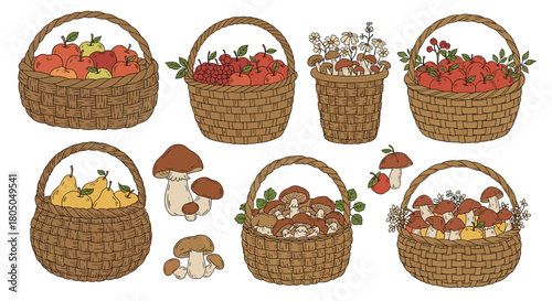 A collection of woven baskets filled with autumn harvest fruits and fungi.