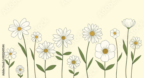 A field of delicate white wildflowers blooming vibrantly against a soft yellow background.