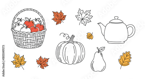 Autumn harvest bounty basket with pumpkin and pear illustration.