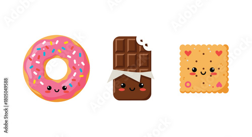 Cute cartoon donut chocolate bar and biscuit characters on a white background.