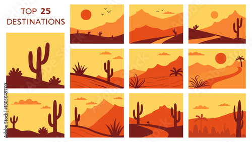 “Top 25 desert destinations in warm tones grid, southwest vector”