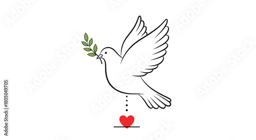 A simple line art drawing of a white dove flying with an olive branch and a red heart below.