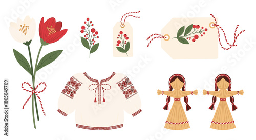 Traditional decorative elements for spring festivities including flowers embroidery and folk dolls.